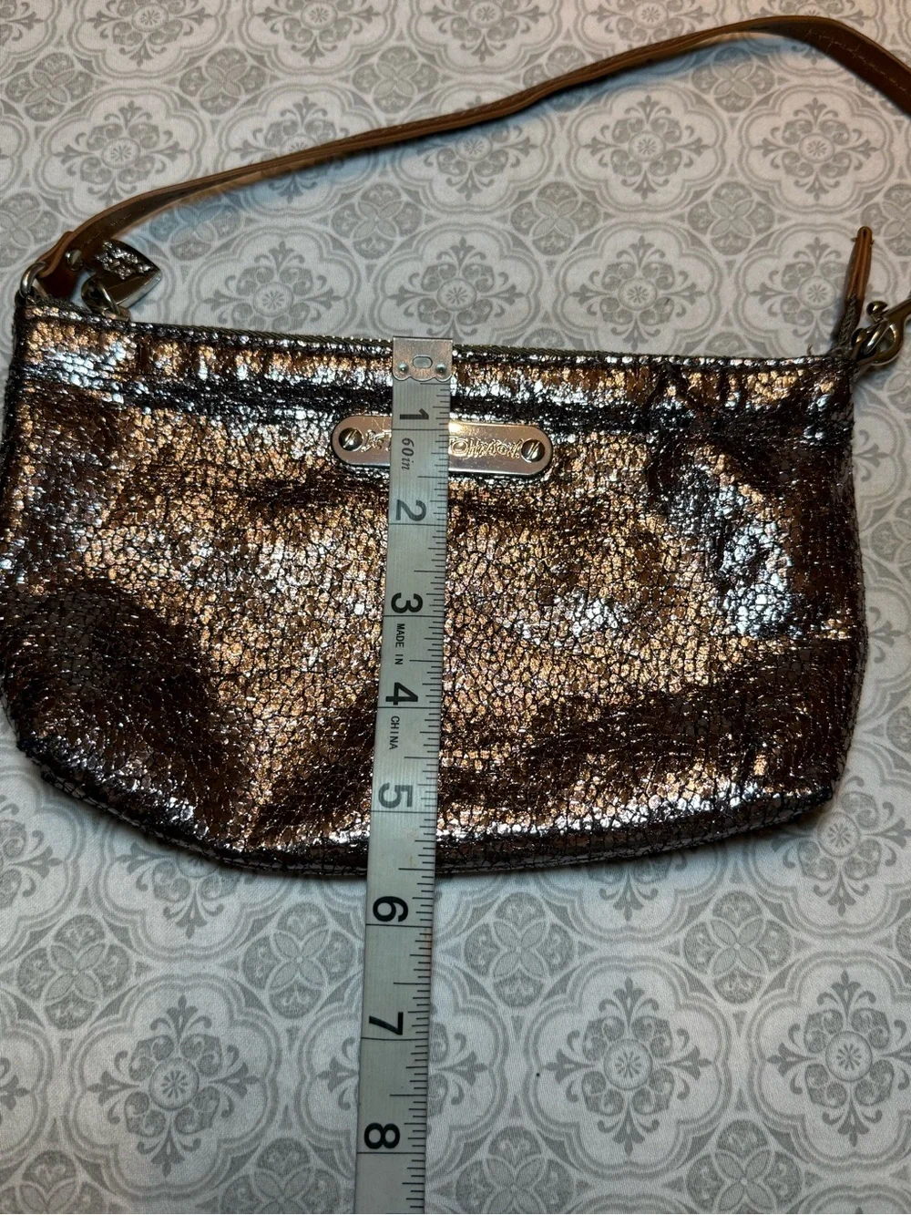 Betsey Johnson Metallic Silver/Gold Wristlet with Tan Strap